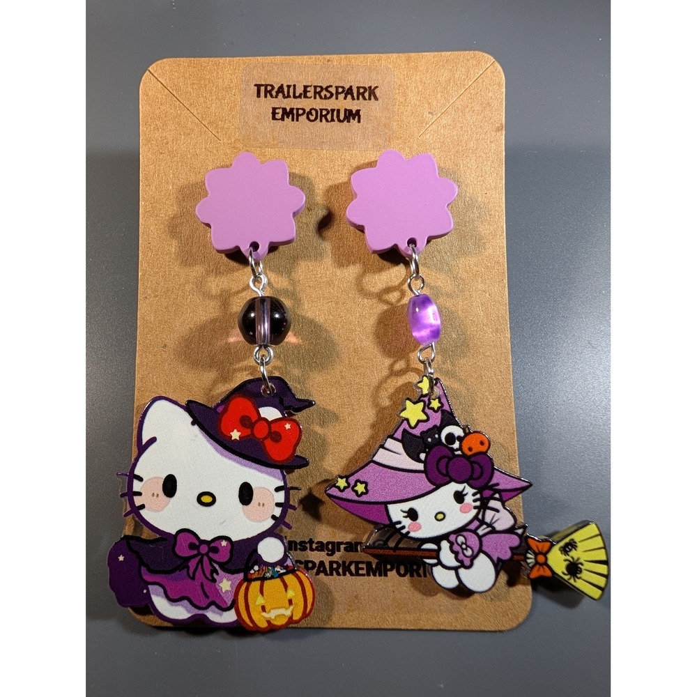 Hello Kitty Halloween Witch Earrings Nickel Free Purple Flower Studs Sanrio Y2K